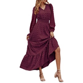 MASCOMODA Women Boho Maxi Dress 2024 Long Sleeve V Neck Swiss Dot Smocked High Waisted A-Line Ruffle Tiered Long Dress(Medium, Wine Red)