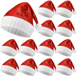 Ramede 12 Christmas Knitted Elf Hats Santa Hat for Adults Xmas Beanie Winter Hats with Pompom Bulk Crochet Caps for Women Men (Red,Sequin)