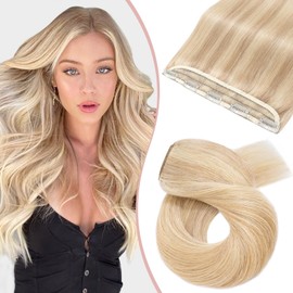 One Piece Clip on Hair Extensions Seamless Clip in Hair Extension Blonde Real Human Hair Straight 3/4 Full Head (22inch-55g, #18P613 Ash Blonde&Bleach Blonde)