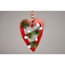 SHATCHI 23cm Red Wooden Heart Wall Hanging Ornament Decorated with White Bells Berries and Pines Christmas Holiday Home Decorations, 18x1.2x23 cm