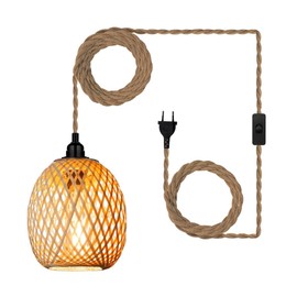 Hanging Lampshade with Plug, Outdoor Lamp, Hanging Boho Rattan Ceiling Lamp, Bamboo Decorative Ceiling Light, Dining Table Lamps, Pendant Light, 450 cm, Cable for Bedroom, Kitchen