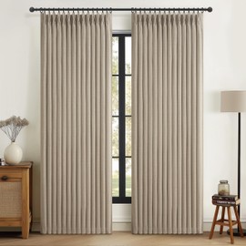 Flax Linen Greyish Beige Light Blocking Curtains 90 Inches Long 2 Panels Set for Dining Room, Neutral Memory Shape Pleated Blackout Heavy Duty Curtain with Hooks Ceiling Track Patio Door Drape 7-1/2FT