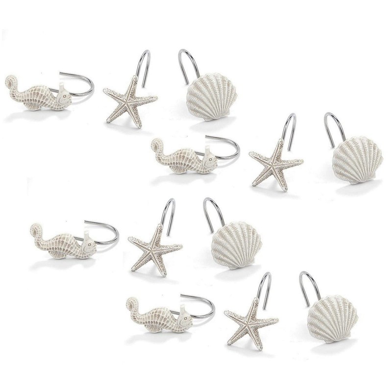 12-Pack of Beach-Themed Shower Curtain Stainless Steel Hooks, Decorative Seashell