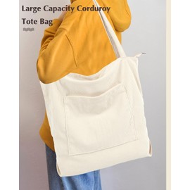 MAMUNU Corduroy Tote Bag for Women, Large Tote Bag with Zipper and Pockets, Cord Tote Bag Handbags for Women Girls, Shoulder Bag with Compartments for College School Travel Shopping Work