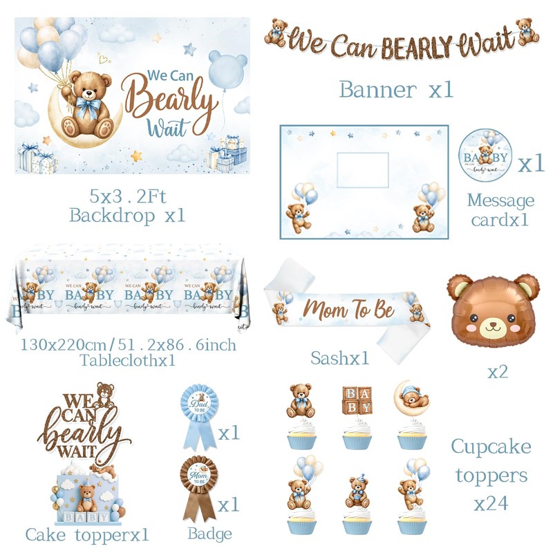 Bear Baby Shower Decorations,260pcs All-in-1 Blue Bear Party Decorations Plates