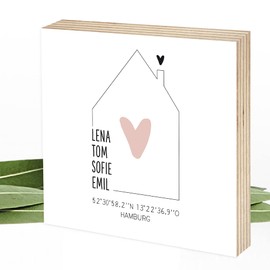 Wunderpixel® Holzbild Haus Namen Koordinaten - personalisiert - 15x15x2cm zum Hinstellen/Aufhängen, echter Fotodruck auf Holz - Wand-Bild Aufsteller Zuhause Dekoration Geschenk-Idee Familie