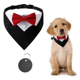 URROMA 1 Piece Red Formal Dog Tuxedo Bandana, Dog Tuxedo Cotton Bandana Dog Wedding Collar with Bow Tie and Neck Tie for Dogs and Cats, S