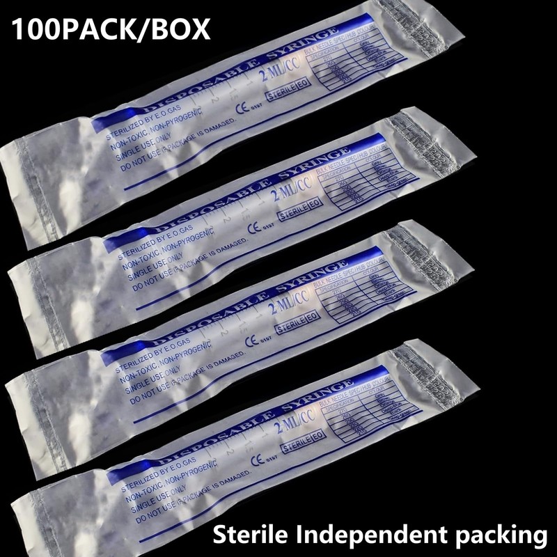 100 Pack 2ml (2.5ml) Plastic Luer Lock Syringa with 25Ga