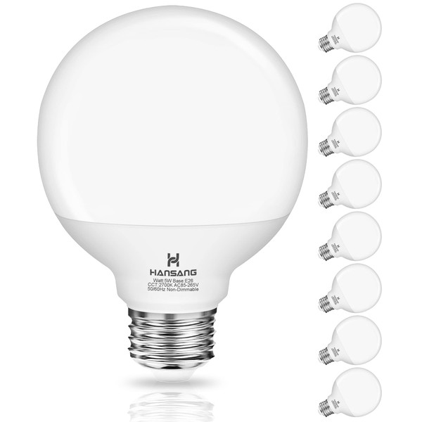 8 Pack G25 LED Bathroom Light Bulbs 2700K Warm White, Hansang LED Globe Light Bulb 60W Incandescent Equivalent, 5W Decorative Round Light Bulb for Vanity Mirror, E26 Standard Base, 500LM, Non-Dimmable