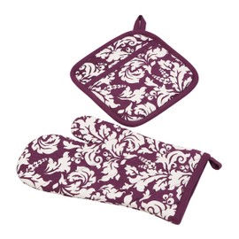 Yourtablecloth - Juego de Manoplas y Soporte para ollas (100% algodón), diseño de Damasco, Berenjena, 1