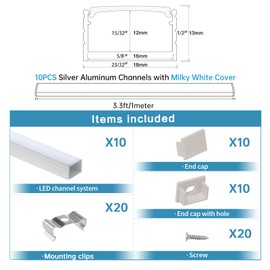 Muzata 10Pack 3.3FT Plus-Size Silver LED Strip Channel Milky Diffuser U103