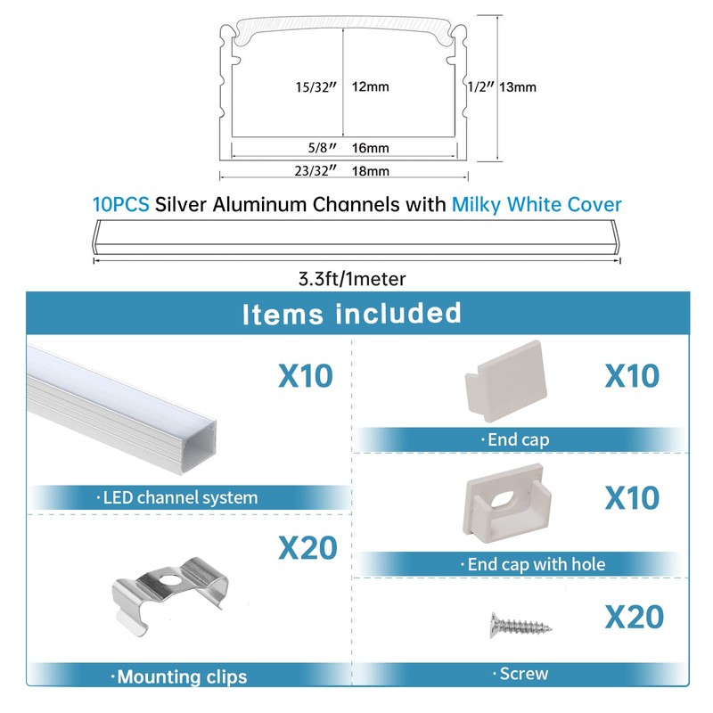 Muzata 10Pack 3.3FT Plus-Size Silver LED Strip Channel Milky Diffuser