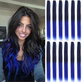 12 Pcs Black＋R-Blue hair extensions 22 Inch Straight colored hair colorful clip hair in extensions Highlight Party for Kids Girls and Women Gift