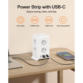 Multi-socket with USB-C 8-way power strip with switch, power strip with 4 USB