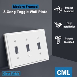 CML 3-Gang Modern Framed Toggle Light Switch Wall Plate, Decorative Triple Outlet Covers, Impact Resistant Polycarbonate, Standard Size 6.87”X 4.87”, White, 2 Pack