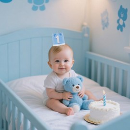 GORNZX First Birthday Crown Hat, Blue Felt with White Number 1, White Pom Pom Trim