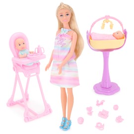 Toyland® Twin Baby Care Doll Playset - 1 Doll, 2 Babies, 1 Rocking Cot, 1 High Chair & 11 Accessories Included - Girls Toys