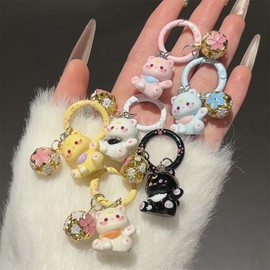 [Overseas] Cute Cat Bell Keychain Girl's Bag Accessory Keychain Accessory Blue-Bubble 3D Cat 10ea