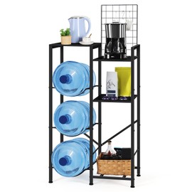 Vrisa 5 Gallon Water Jug Holder with Bar Table Heavy Duty Water Bottle Oraganizer with Shelf 5 Gal Water Dispenser Stand Water Cooler Jug Storage Rack for Home Kitchen Office, Black