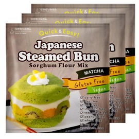 3 Packs (3 x 2.8oz) GMO-Free Japanese Steamed Bun Sorghum Flour Mix Gluten-Free Microwaveable (3 x 2.8oz, Matcha)
