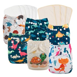 babygoal Reusable Cloth Diapers 6 Pack+10pcs Inserts, One Size Adjustable Washable Pocket Nappy Covers for Baby Boys and Girls 6FB20