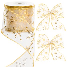 jijAcraft Organzaband Weihnachten 6cm Breit, Geschenkband mit Draht Gold, 10 Yards Schneeflocke Organzaband, Glitzer Weihnachtsband für Geschenkdeko, Kranz, Handwerk, WeihnachtsSchleifenherstellung