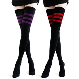 Kayhoma Extra Long Cotton Stripe Thigh High Socks Punk Style Over the Knee High Stockings, Purple and Red, 2 Pairs…