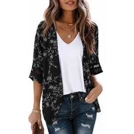 LILBETTER Womens Floral Chiffon Kimono Cardigans Loose Beach Cover Up Half Sleeve Tops(Black Leaves, Small)