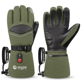 SAVIOR HEAT Heated Ski Gloves for Women Men 7.4V 3000aAh Electric Rechargeable Heated Gloves Waterproof Ski Gloves for Winter Work Skiing Hiking Fishing Camping (Green, Small)