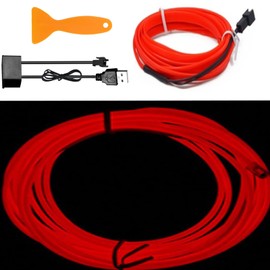 JAIZAIWJ EL Wire Interior Car LED Strip Lights USB Neon Light Strip with 6mm Sewing Edge Glowing Strobing Electroluminescent Wire Lights Ambient Lighting Kits for Car, Garden, Decorations(16FT/Red)