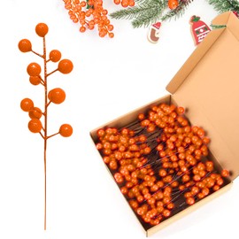 35 Pack Christmas Tree Decorations,Burgundy Orange Berry Picks Holly Berries Branches for Christmas Tree Decorations Crafts Wedding Holiday Season Winter Décor Home Decor (Orange)
