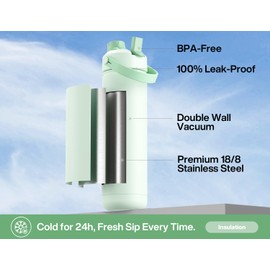 POWCAN 26 oz Insulated Water Bottle with 2-in-1 Straw and Spout Lid, Keep Cold 24H, Leak-Proof, Fits in Car Cup Holder, Stainless Steel Water Bottle for Sports, Travel, and School (Mint)