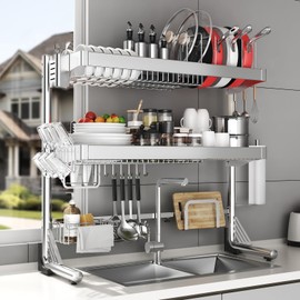 CUISIBOT Over Sink Dish Drying Rack, 3-Tier Adjustable 20.9''-33.4'' Full Stainless Steel Drainer Dish Rack, Expandable Multifunctional Kitchen Organizer with Pots and Pans Rack