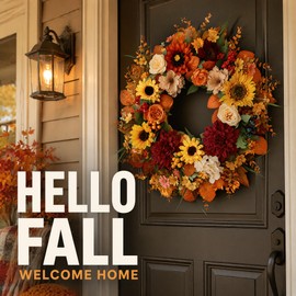 24 Inch Fall Wreath for Front Door, Autumn Sunflower Farmhouse Porch Decor