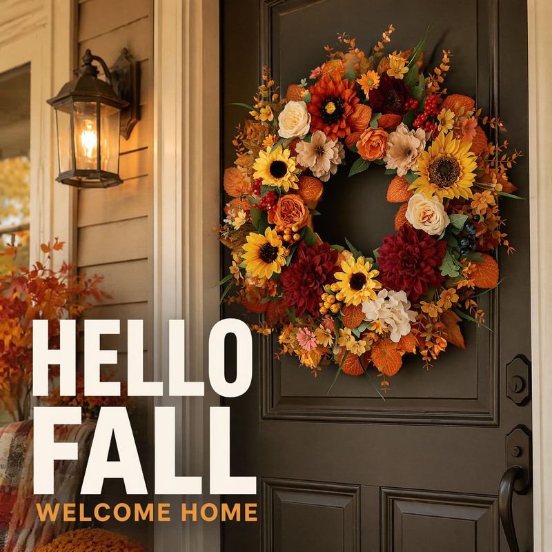 24 Inch Fall Wreath for Front Door, Autumn Sunflower Farmhouse