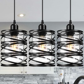 3 PACK Black Pendant Lights Kitchen Island, Small Kitchen Pendant Lighting Over Island, Modern Seeded Glass Hanging Light Fixtures, Single Ceiling Light for Kitchen, Dining Room, Bedroom, Foyer