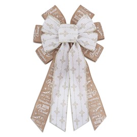 Threetols Easter Wreath Bows, Beige White Bows for Wreath Easter Cross Christ Decorative Bows for Front White Jesus God Words Ornaments Hanging Wreath Bow for Indoor Outdoor Decor