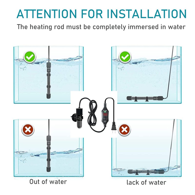 auomii Mini Submersible Aquarium Heater, 25/30/50/100/150/200 Watts Adjustable Fish Tank