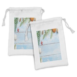 Ambesonne Seashells Fabric Pouch Set of 2, Star Fish Seashell Tropic Plants Leaves Seaweed Nautical Boat Marine, Small Drawstring Bag for Toiletries Masks and Favors, 9" x 6", Pale Blue Green Amber