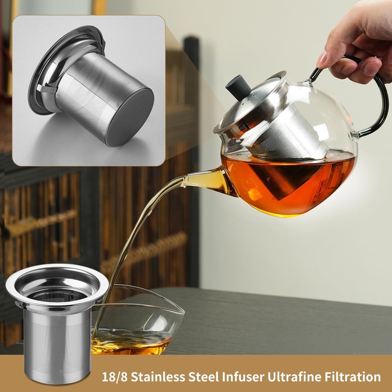 28OZ Glass Teapot with Infuser Stovetop Safe, 800ml Borosilicate Glass
