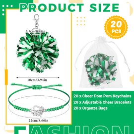 Ecation 20 Sets Cheerleader Gifts Bulk, Pom Pom Keychain Cheer Bracelet Organza Bag 20 Each for Team Women Accessories(Green and White)