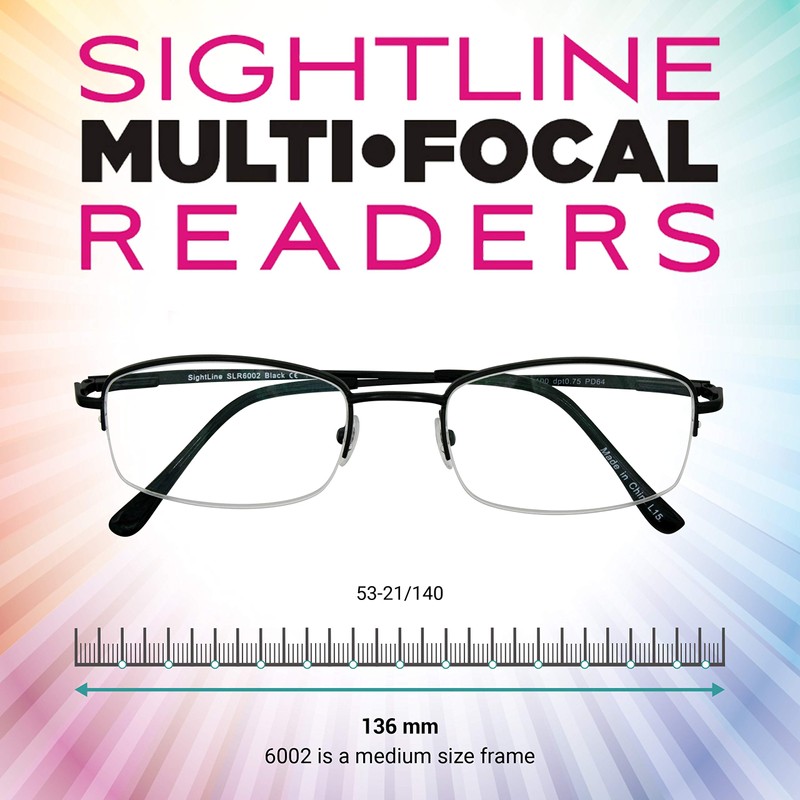 Sightline 6002 Progressive Multi Focus Reading Glasses Lightweight Semi-Rimless Gunmetal