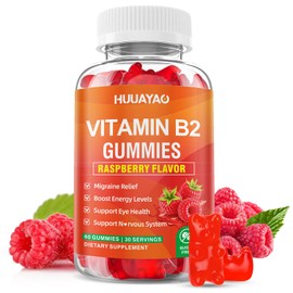 HUUAYAO Vitamin B2 Gummies, Riboflavin Supplement with Magnesium for Kids & Adults, B2 Gummies for Migraine Relief & Nervous System Support, Vegan, Sugar-Free, Raspberry Flavor, 60 Count