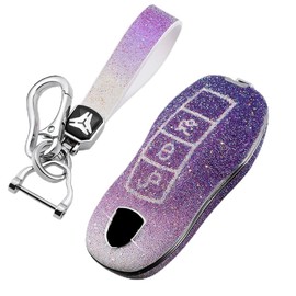 SANRILY Bling Gradient Purple Key Fob Cover for Macan Cayenne 911 Panamera Keyless Key Holder Full Protective Key Case Shell with Rhinestone Keychain