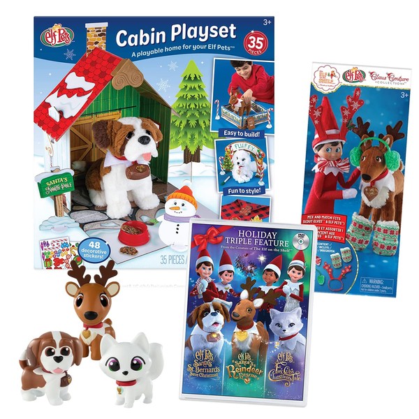 The Elf on the Shelf Elf Pets: Christmas Cabin Playset, Elf Pet Movie Triple Feature DVD, Dress Up Party Pack, 3 Mini Figurines & Joy Bag