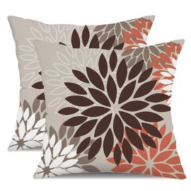 Brown Red Orange Pillow Covers 20x20 Inch Set of 2 Dahlia Flower Throw Pillows Outdoor Waterproof Decor for Living Room Couch Patio Funiture Garden Modern Floral Linen Cushion Case