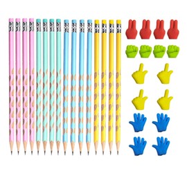 DUINIU 16 Pieces of Children's Hb Pencils, 16 Pieces of Finger Erasers, Triangular Pencils, Pencils with Eraser, Hole Correction Pencils, Suitable for Writing and Drawing