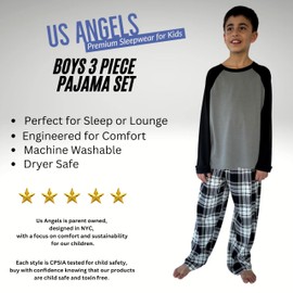 US Angels Boys Pajamas Set, 3-Piece Boys’ Sleepwear Pjs, Loose Fit, Soft, Breathable, Teens and Kids - Size 7-8, 10-12, 14-29