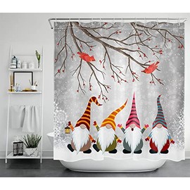 GOOESING Winter Christmas Shower Curtain Funny Gnome and Cardinals in Snowy Forest Bathroom Shower Curtain,Snow Scene Polyester Waterproof Polyester Fabric Bath Decor Accessories with Hooks
