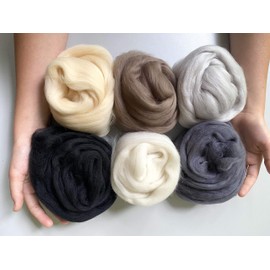 Neutral Palette Extra Fine Merino Wool Roving – 6 yds, 6 Pack with Storage for Needle Felting, Spinning Yarn, Fiber Arts & Crafts